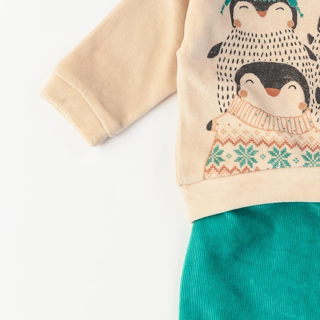 Детски комплект за момче блузка с панталон плюш Sweet penguins Бежов