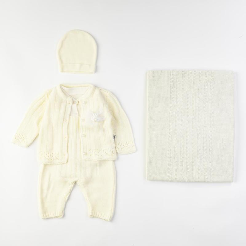 Бебешки комплект  изписване  Για Κορίτσι  плетиво  5 τεμάχια  с пелена  Ασπρο