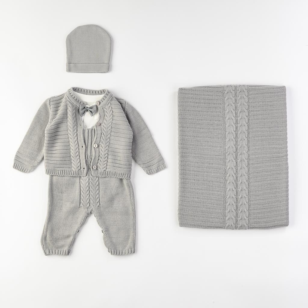 Бебешки комплект за изписване за момче плетиво 5 части с пелена Сив