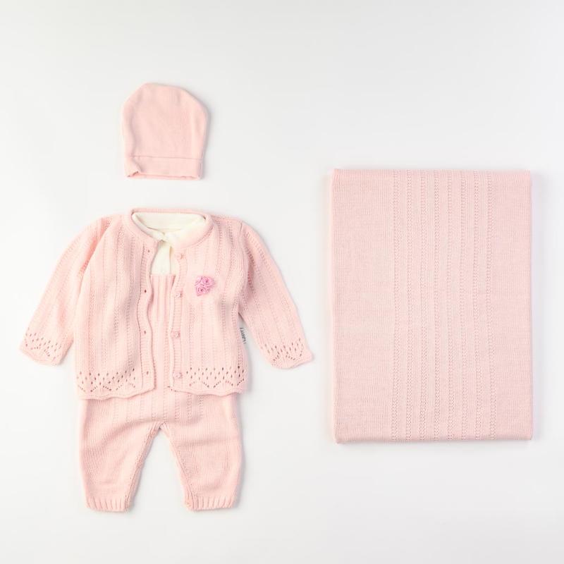 Бебешки комплект  изписване  Για Κορίτσι  плетиво  5 τεμάχια  с пелена   с жилетка и гащеризон  Ροζ