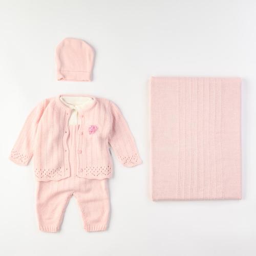 Бебешки комплект за изписване за момиче плетиво 5 части с пелена с жилетка и гащеризон Розов