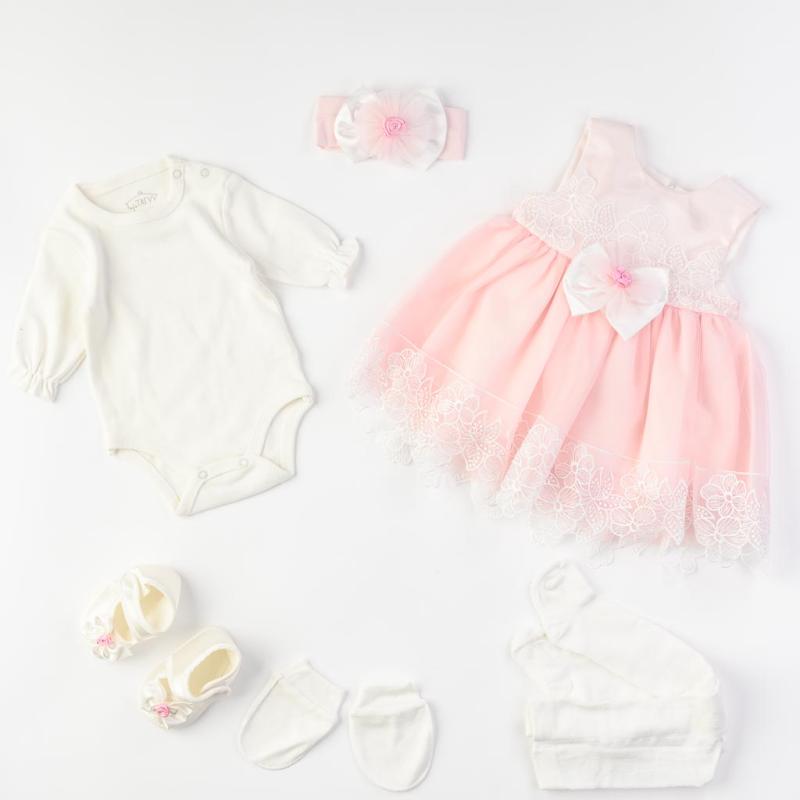 Бебешки комплект официална рокля с дантела боди чорапогащник лента  коса обувчици и ръкавички Tafyy Розов