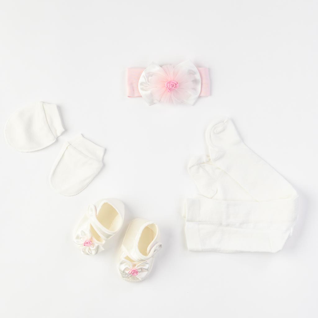Бебешки комплект официална рокля с дантела боди чорапогащник лента за коса обувчици и ръкавички Tafyy Розов