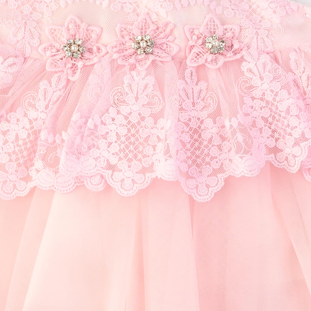 Бебешки комплект официална рокля с тюл боди чорапогащник лента за коса обувчици и ръкавички Tafyy Розов
