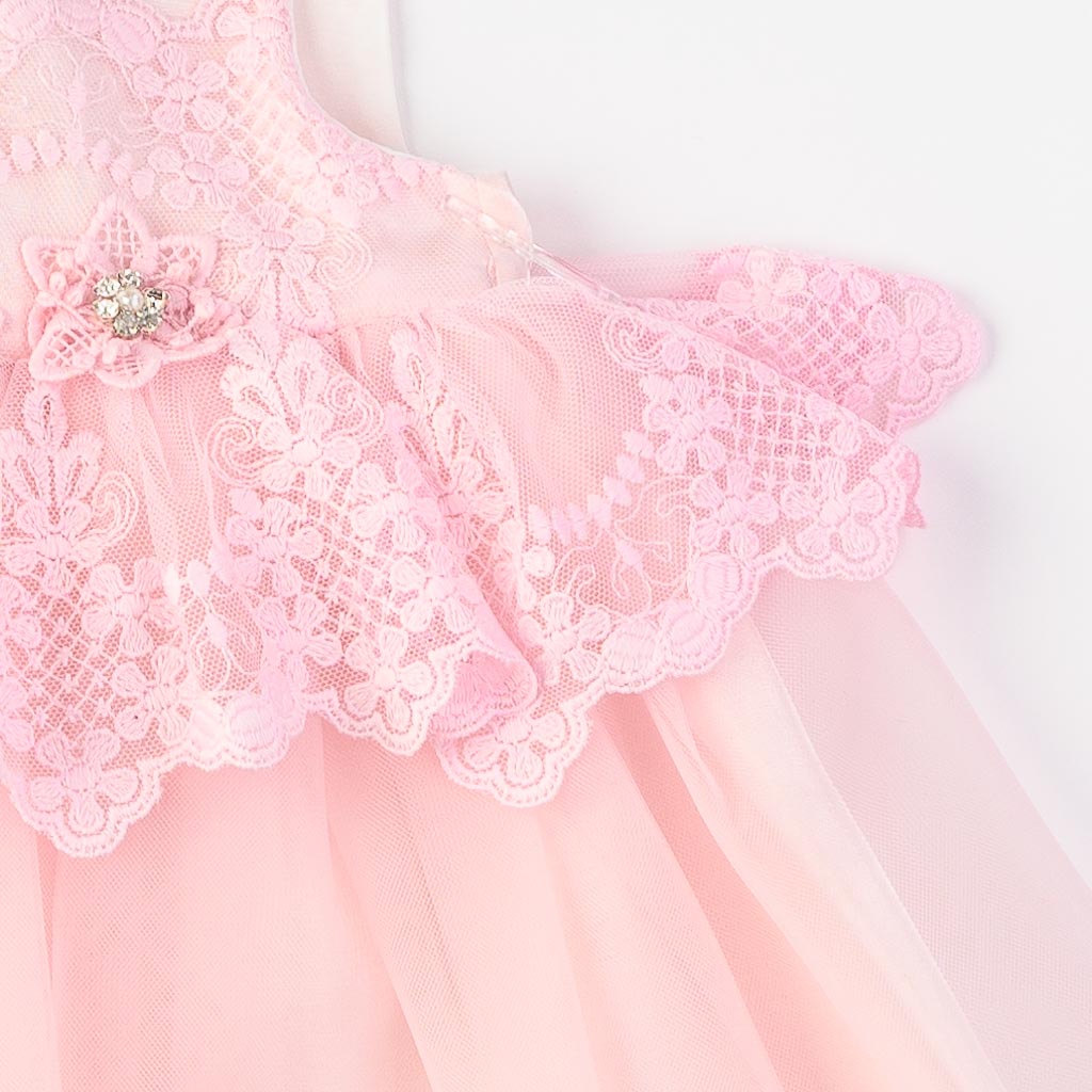 Бебешки комплект официална рокля с тюл боди чорапогащник лента за коса обувчици и ръкавички Tafyy Розов