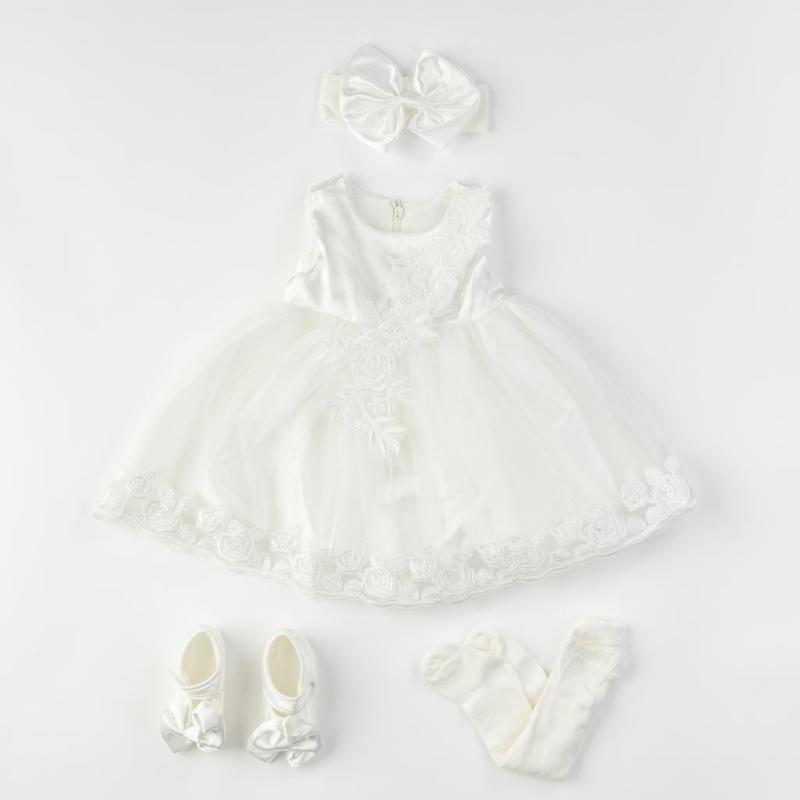 Бебешки комплект официална рокля с дантела с чорапогащник лента  коса и обувчици Amante Classic white Бял