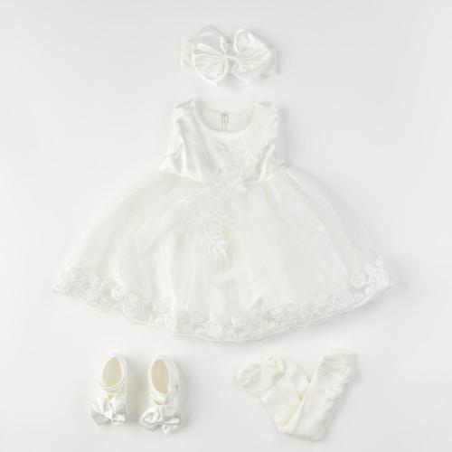 Бебешки комплект официална рокля с дантела с чорапогащник лента за коса и обувчици Amante Classic white Бял
