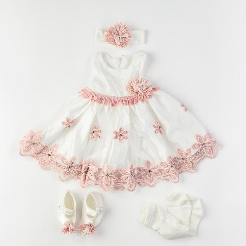 Бебешки комплект официална рокля с тюл с чорапогащник лента  коса и обувчици Amante Pink flowers Бял