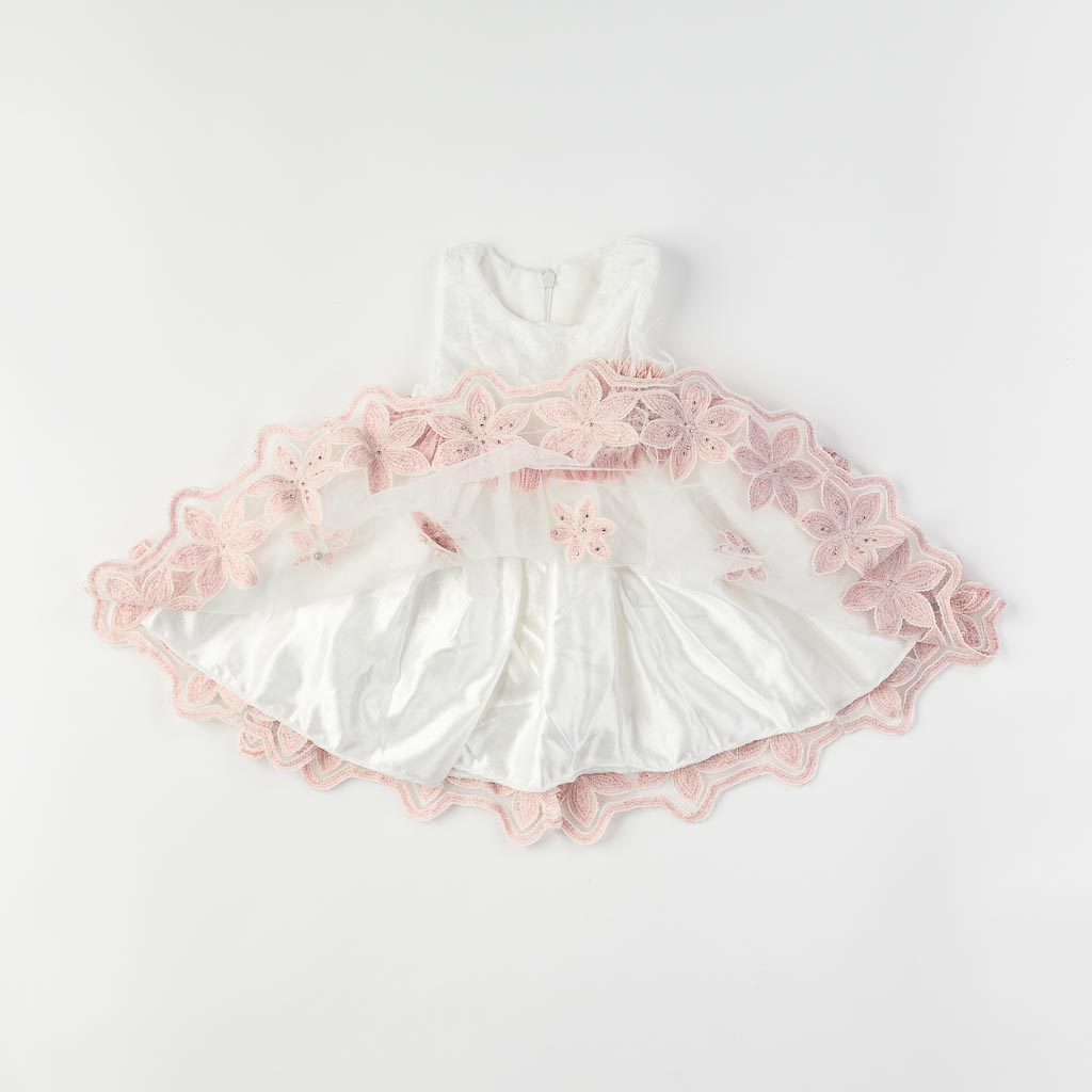 Бебешки комплект официална рокля с тюл с чорапогащник лента за коса и обувчици Amante Pink flowers Бял
