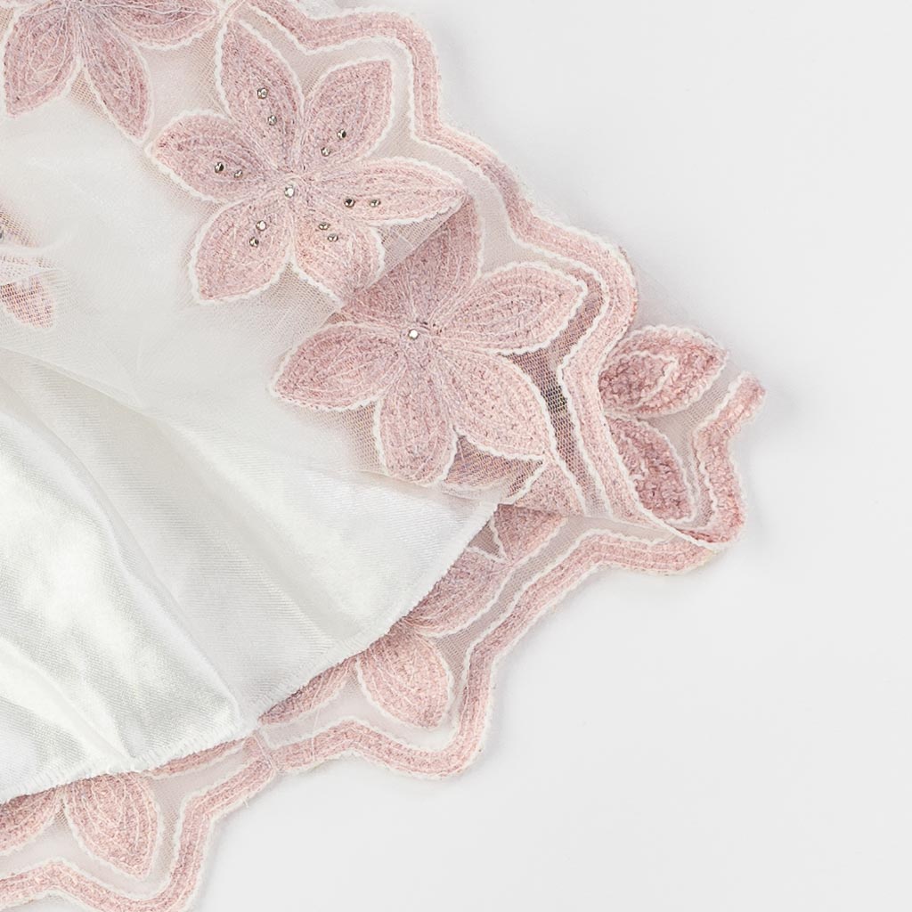 Бебешки комплект официална рокля с тюл с чорапогащник лента за коса и обувчици Amante Pink flowers Бял
