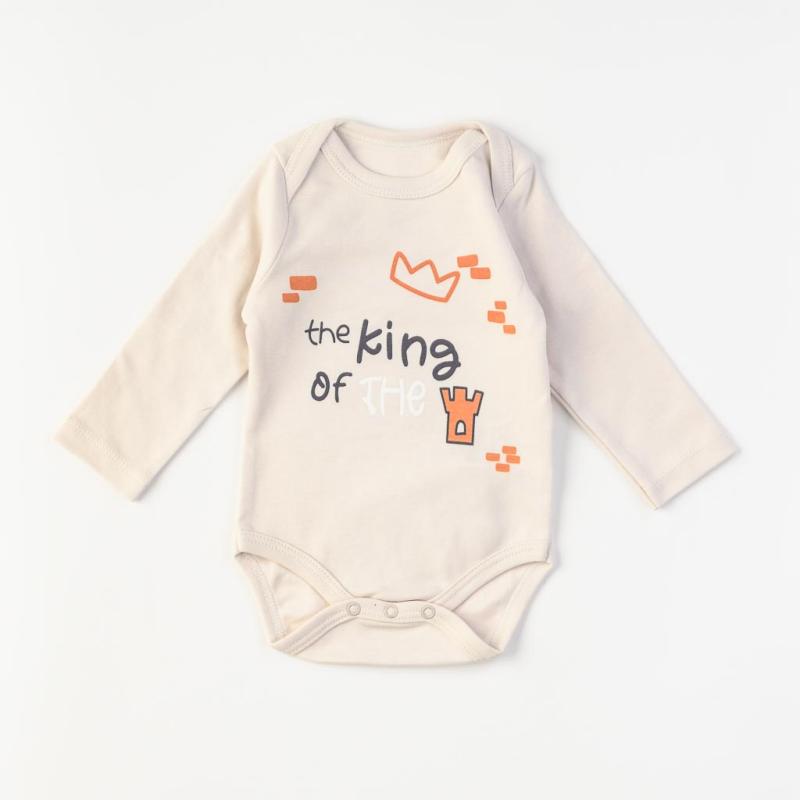 Baby bodysuit with long sleeves For a boy  Tongs The King of the castle  Beige