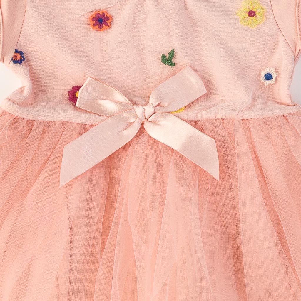 Παιδικο φορεμα με κοντο μανικι με τουλι  Flower   Breeze  Ροδακινι