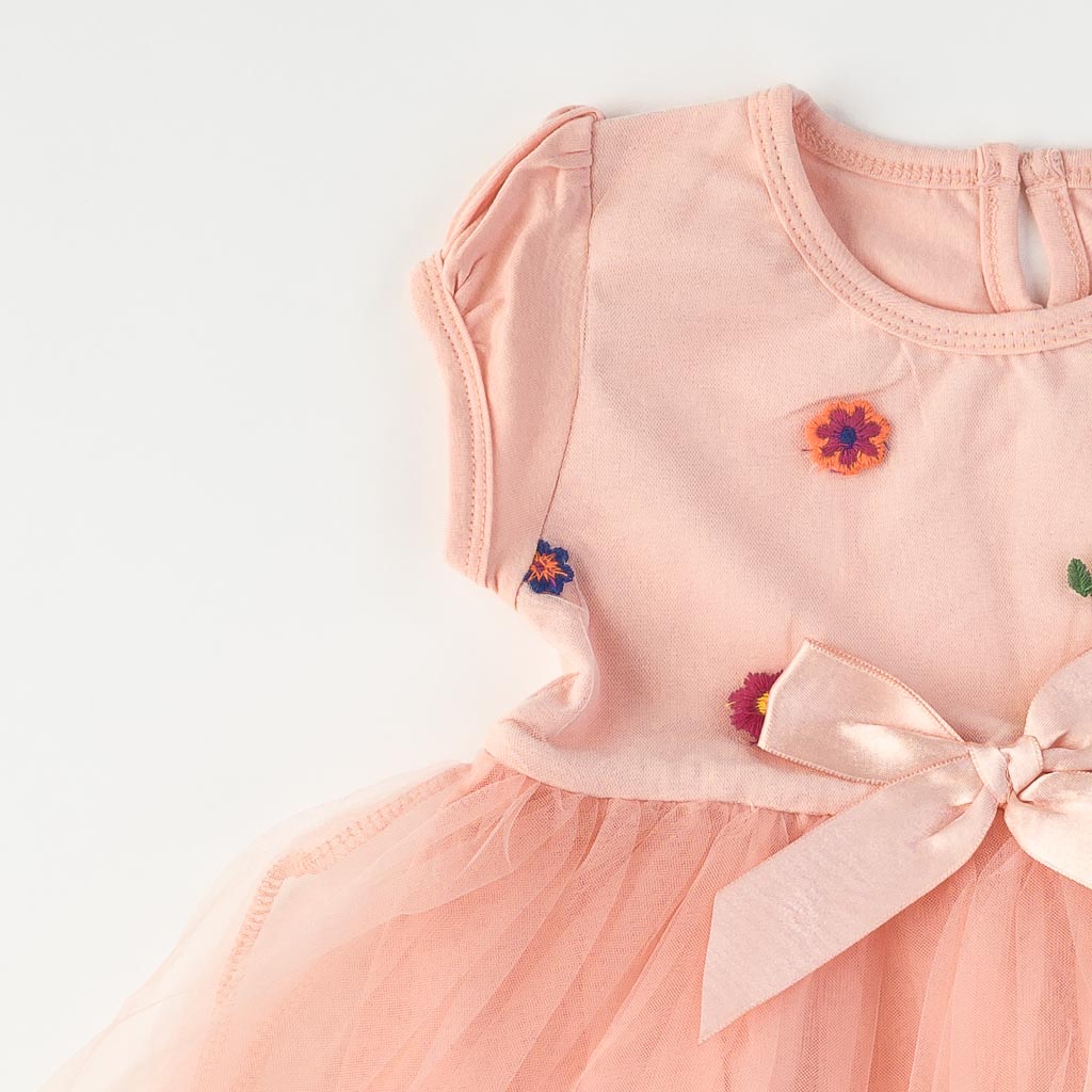 Детска рокля с къс ръкав с тюл Flower Breeze Праскова
