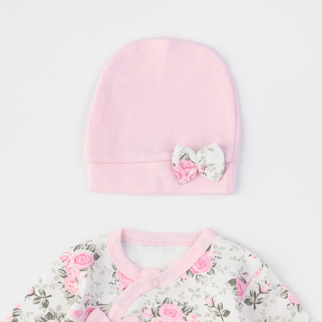 Бебешки гащеризон за момиче с дълъг ръкав с шапка Roses pink