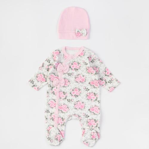 Бебешки гащеризон за момиче с дълъг ръкав с шапка Roses pink