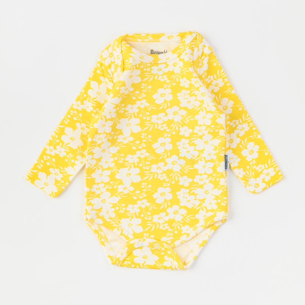 Baby bodysuit with long sleeves For a girl  Miniworld   Flowers garden  Yellow