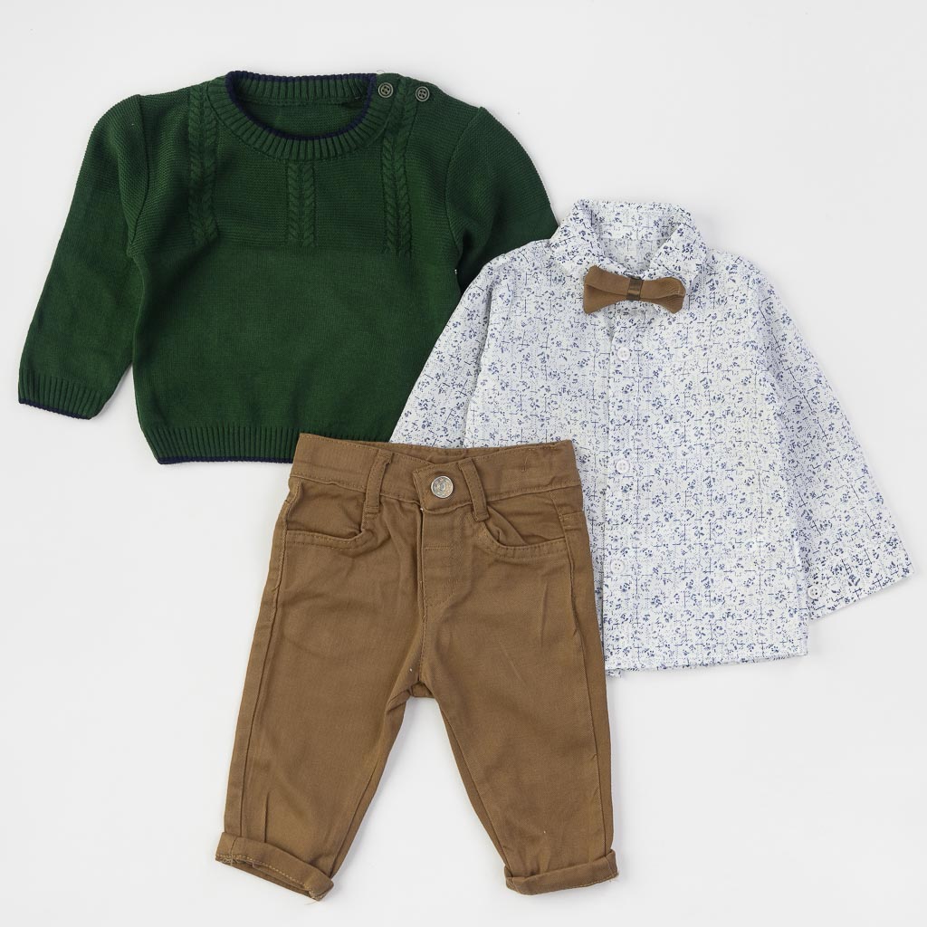 Бебешки комплект от 4 части за момче Concept Панталон риза пуловер и папионка Зелен
