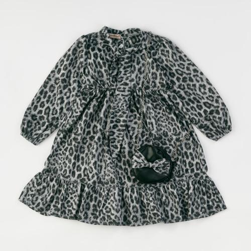 Детска рокля с дълъг ръкав и чантичка Leopard Lady Сива