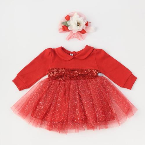 Бебешка коледна рокля  με μακρυ μανικι  и лента за коса   Miniborn   Red Presents  Κοκκινο
