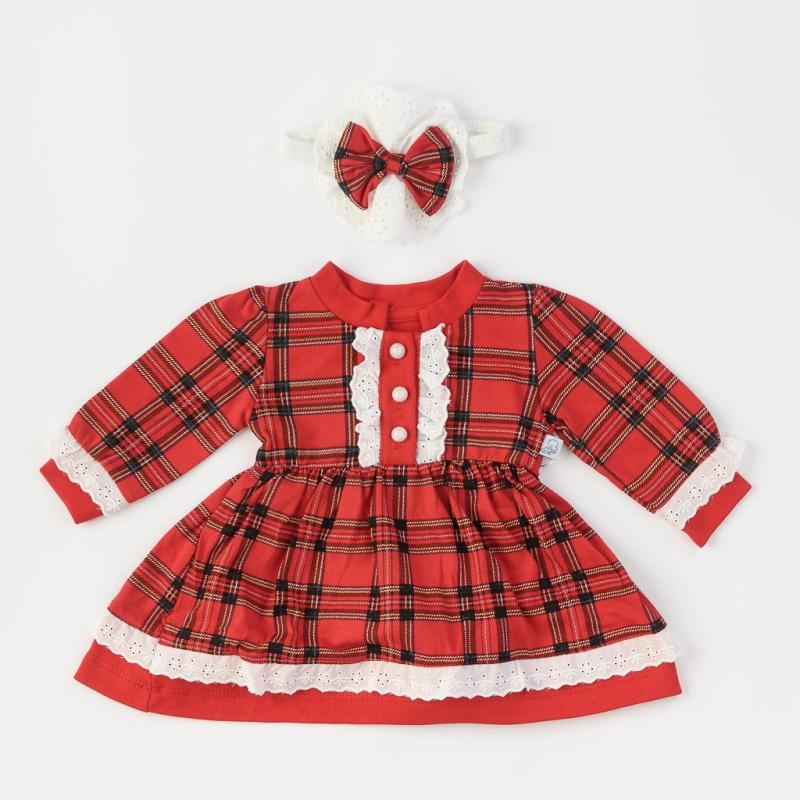 Бебешка коледна рокля с дълъг ръкав и лента  коса Miniborn Червена