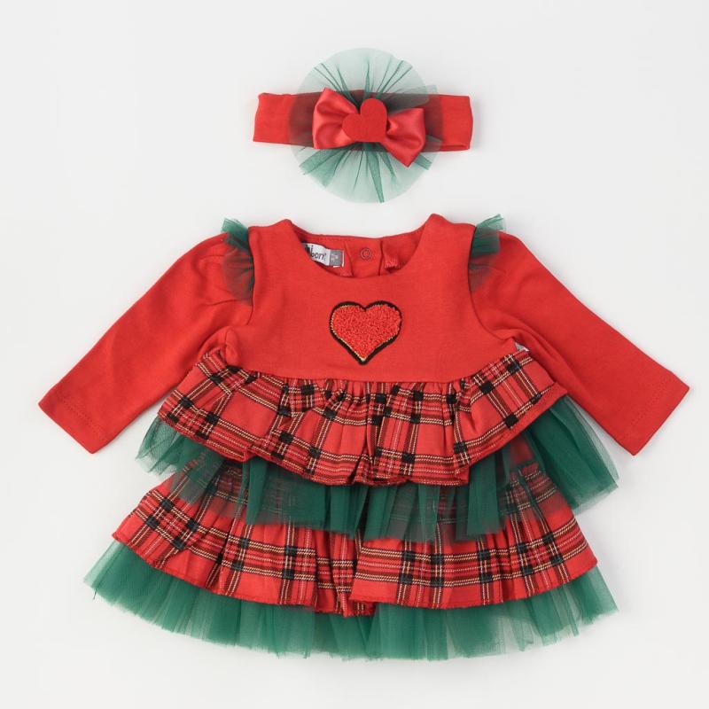 Бебешка коледна рокля  με μακρυ μανικι  и лента  коса   Miniborn Heart  Κοκκινο