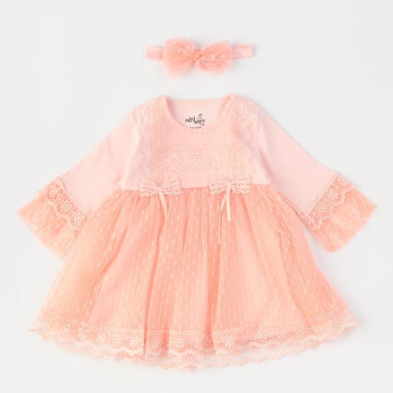 Baby dress with lace and hair band  Miniborn  Peach