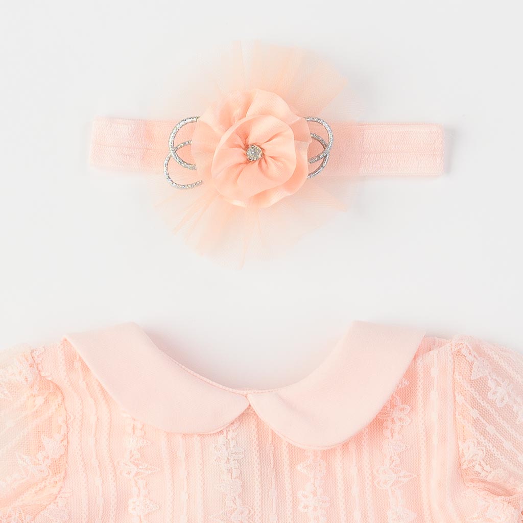 Бебешка рокля с дантела и лента за коса Miniborn Flowers Праскова