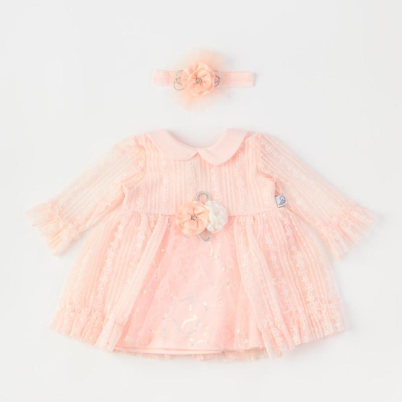 Бебешка рокля с дантела и лента  коса Miniborn Flowers Праскова