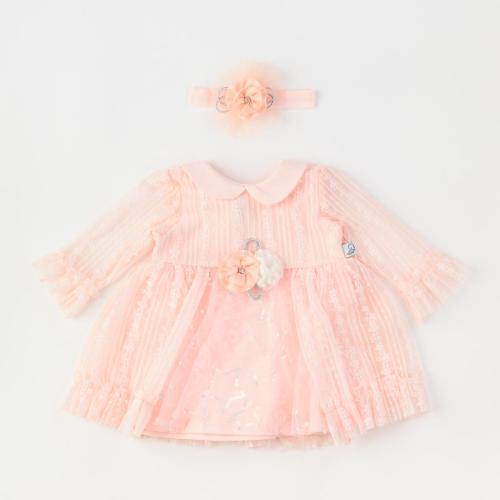 Бебешка рокля с дантела и лента за коса Miniborn Flowers Праскова