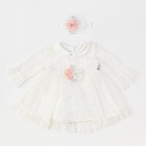 Бебешка рокля с дантела и лента за коса Miniborn Flowers Бяла