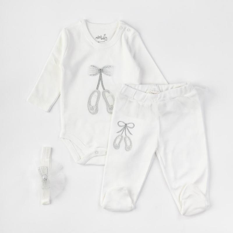 Бебешки комплект боди ританки и лента  коса Minibron Ballerina Бял