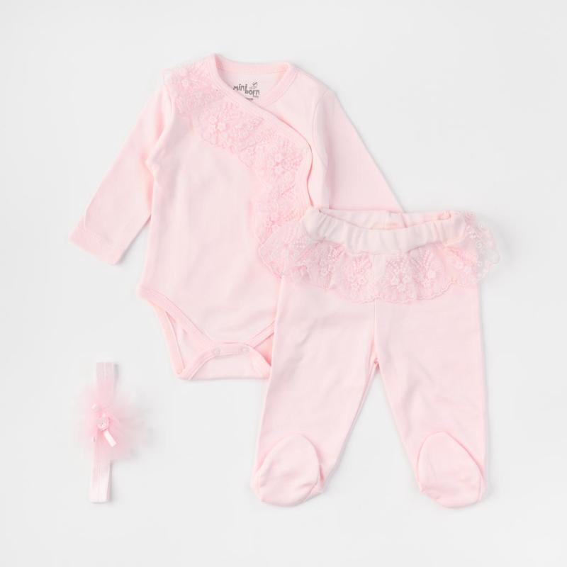 Бебешки комплект боди с дантела ританки и лента  коса Minibron Розов