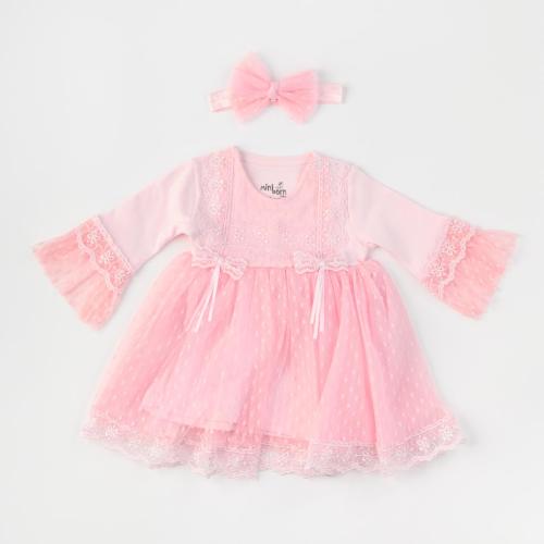 Бебешка рокля с дантела и лента за коса Miniborn Розова