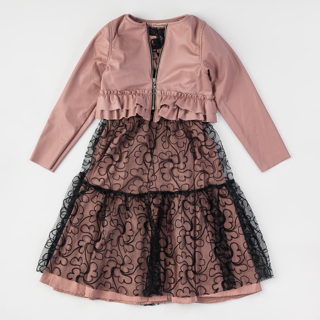 Σετ παιδικο φορεμα με Δερμάτινο μπουφάν  Cocoland   Beautiful  Ροζ