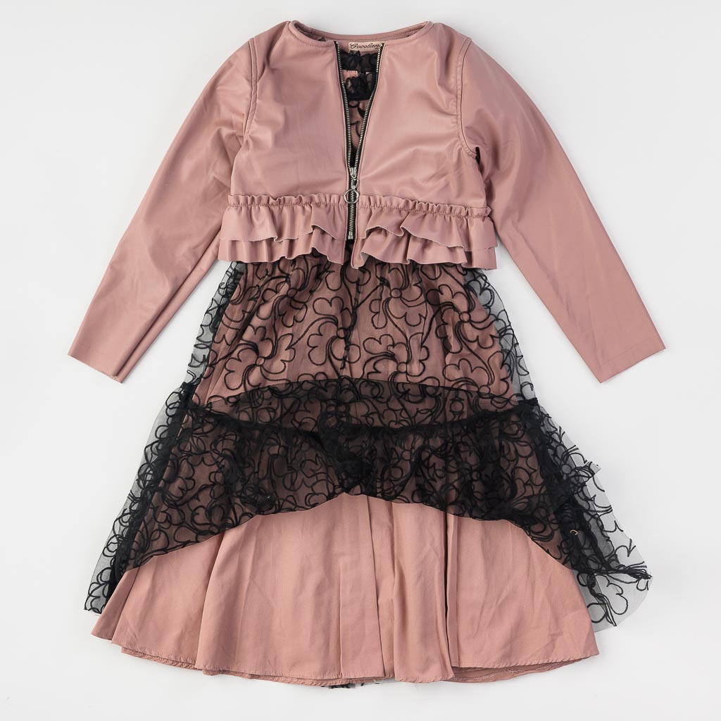 Σετ παιδικο φορεμα με Δερμάτινο μπουφάν  Cocoland   Beautiful  Ροζ