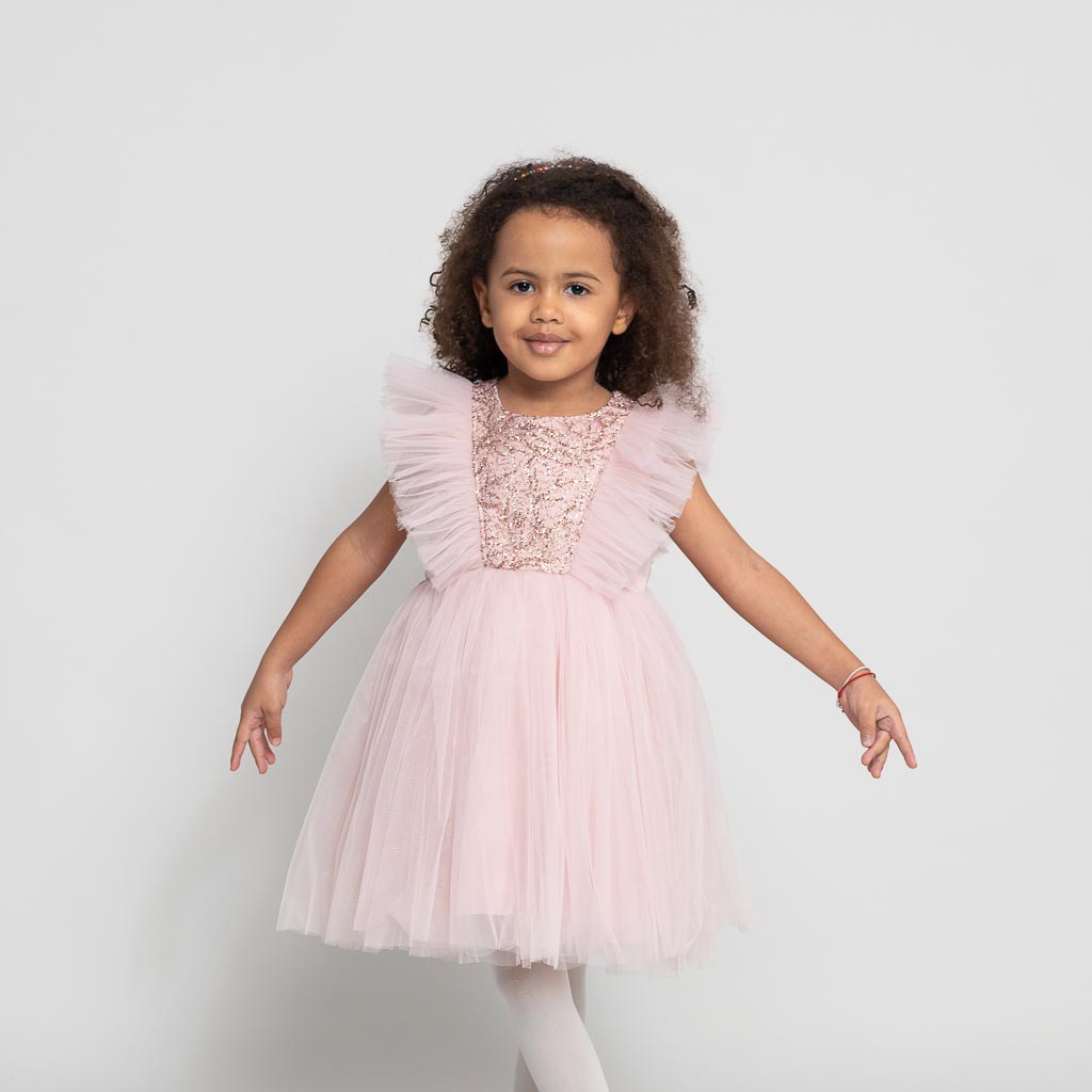 Детска официална рокля с тюл и брокат Stle Ayisigi Розова