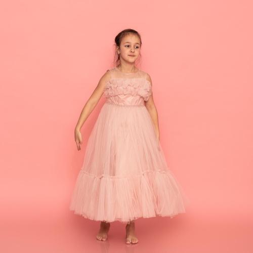 Детска официална рокля с тюл и брокат Ayisigi  prom princess Розова
