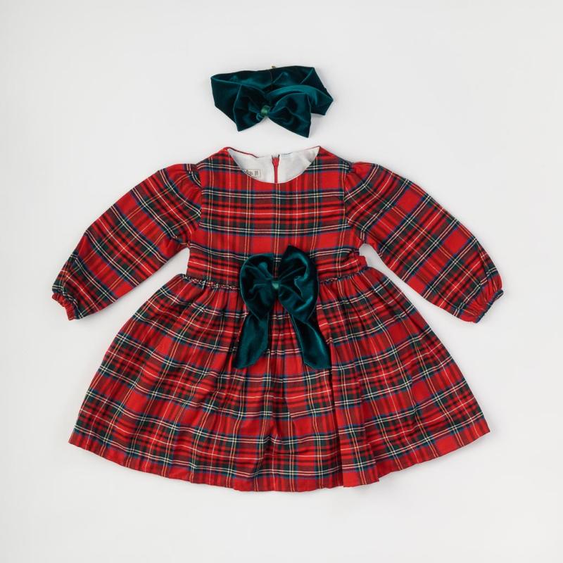 Childrens Christmas dress with long sleeves ribbon and headband  Eray Kids  Red