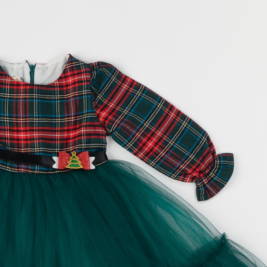 Детска коледна рокля с дълъг ръкав и тюл Eray Kids Christmas Tree Зелена