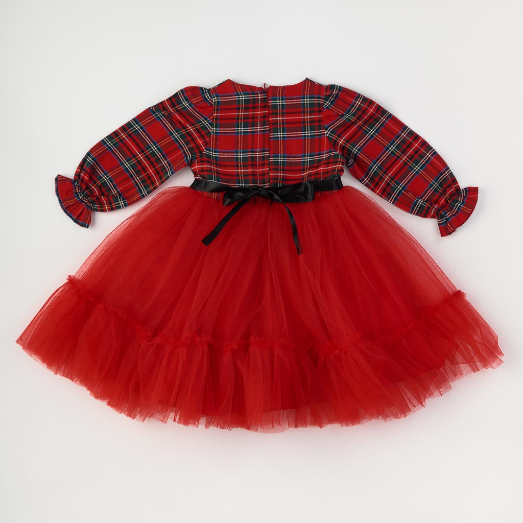 Детска коледна рокля с дълъг ръкав и тюл Eray Kids Christmas Tree Червена