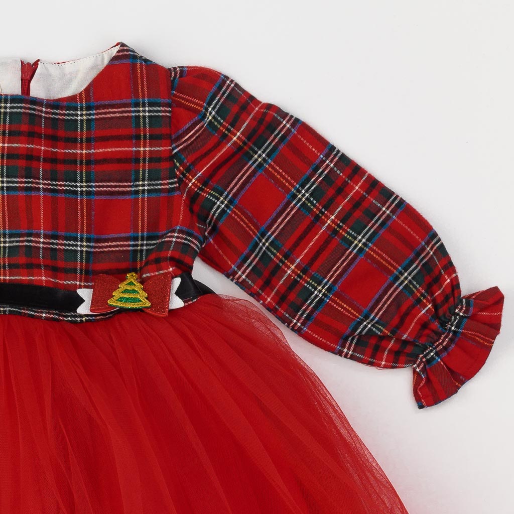 Детска коледна рокля с дълъг ръкав и тюл Eray Kids Christmas Tree Червена