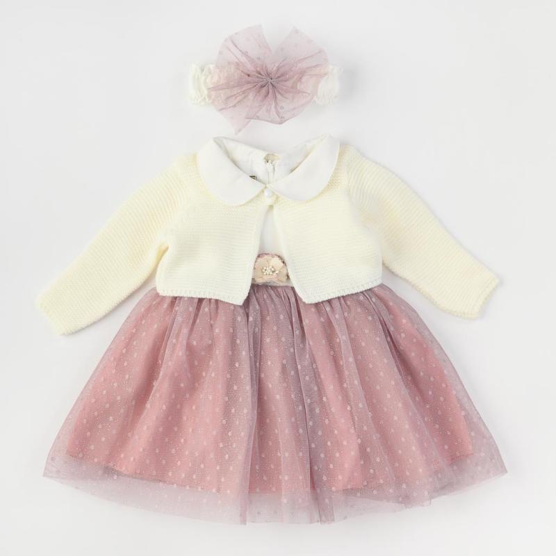 Бебешка официална рокля с тюл жилетка и лента  коса Eray Kids Розова