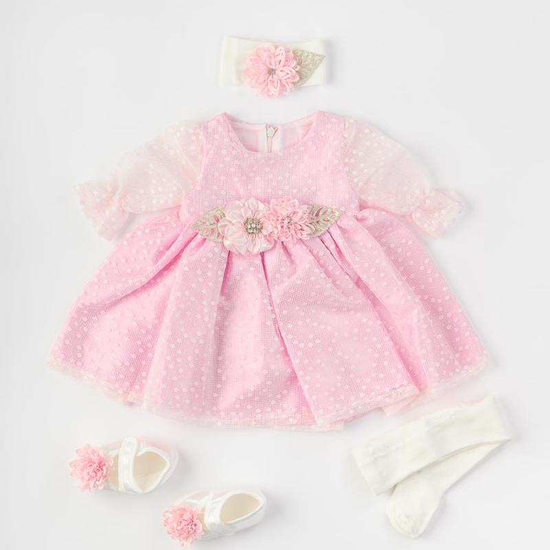Бебешки комплект официална рокля с дантела с чорапогащник лента  коса и обувчици Amante Shine Pink Розов