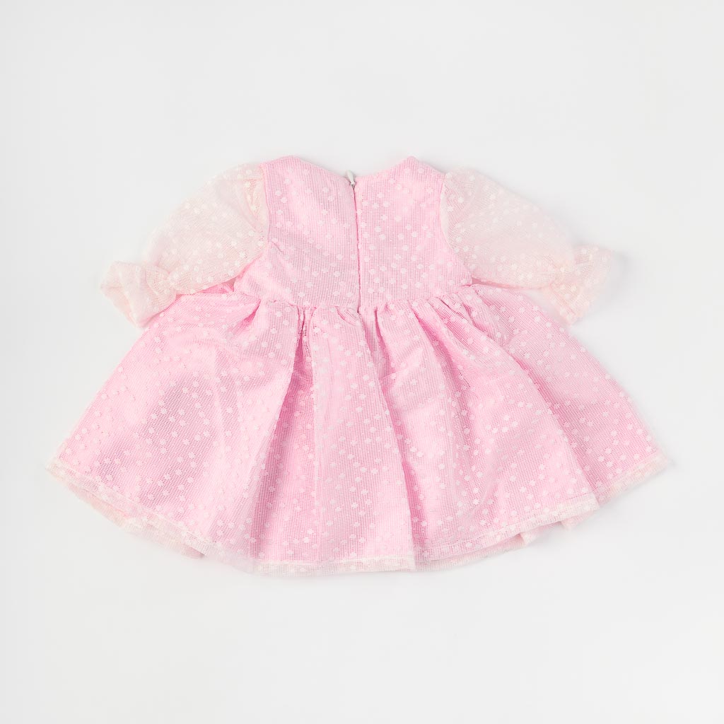 Бебешки комплект официална рокля с дантела с чорапогащник лента за коса и обувчици Amante Shine Pink Розов