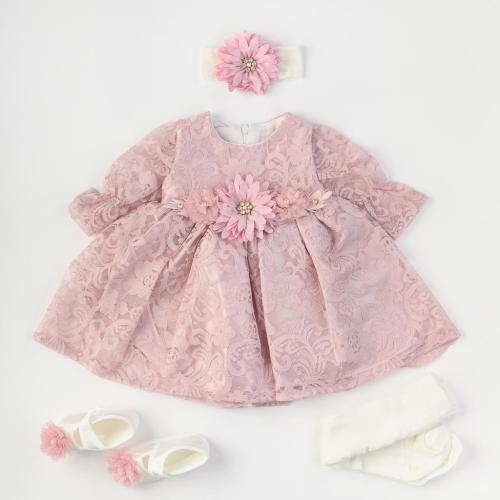 Бебешки комплект официална рокля с дантела с чорапогащник лента за коса и обувчици Amante Ash rose Розов