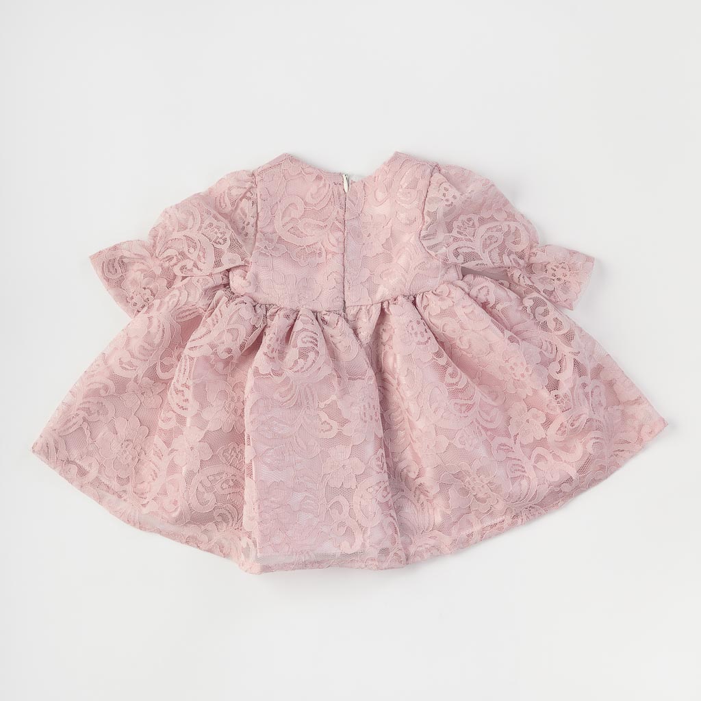Бебешки комплект официална рокля с дантела с чорапогащник лента за коса и обувчици Amante Ash rose Розов