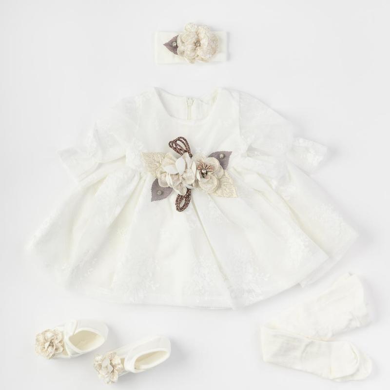 Бебешки комплект официална рокля с дантела с чорапогащник лента  коса и обувчици Amante Flower Бял