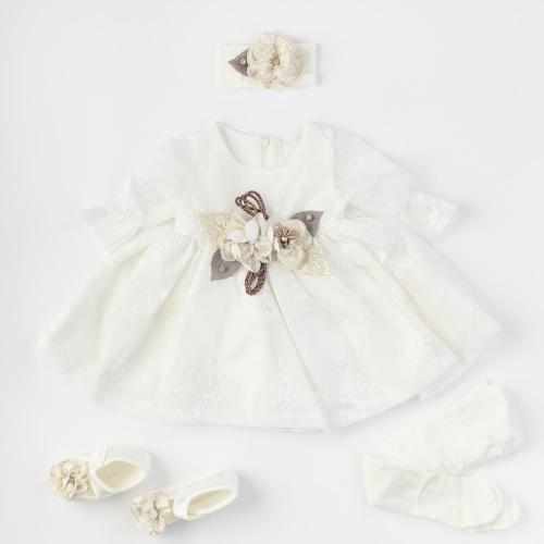 Βρεφικά σετ ρούχων επισημο φορεμα με δαντελα και καλσον κορδελα για μαλλια με παπουτσακια  Amante Flower  Ασπρο