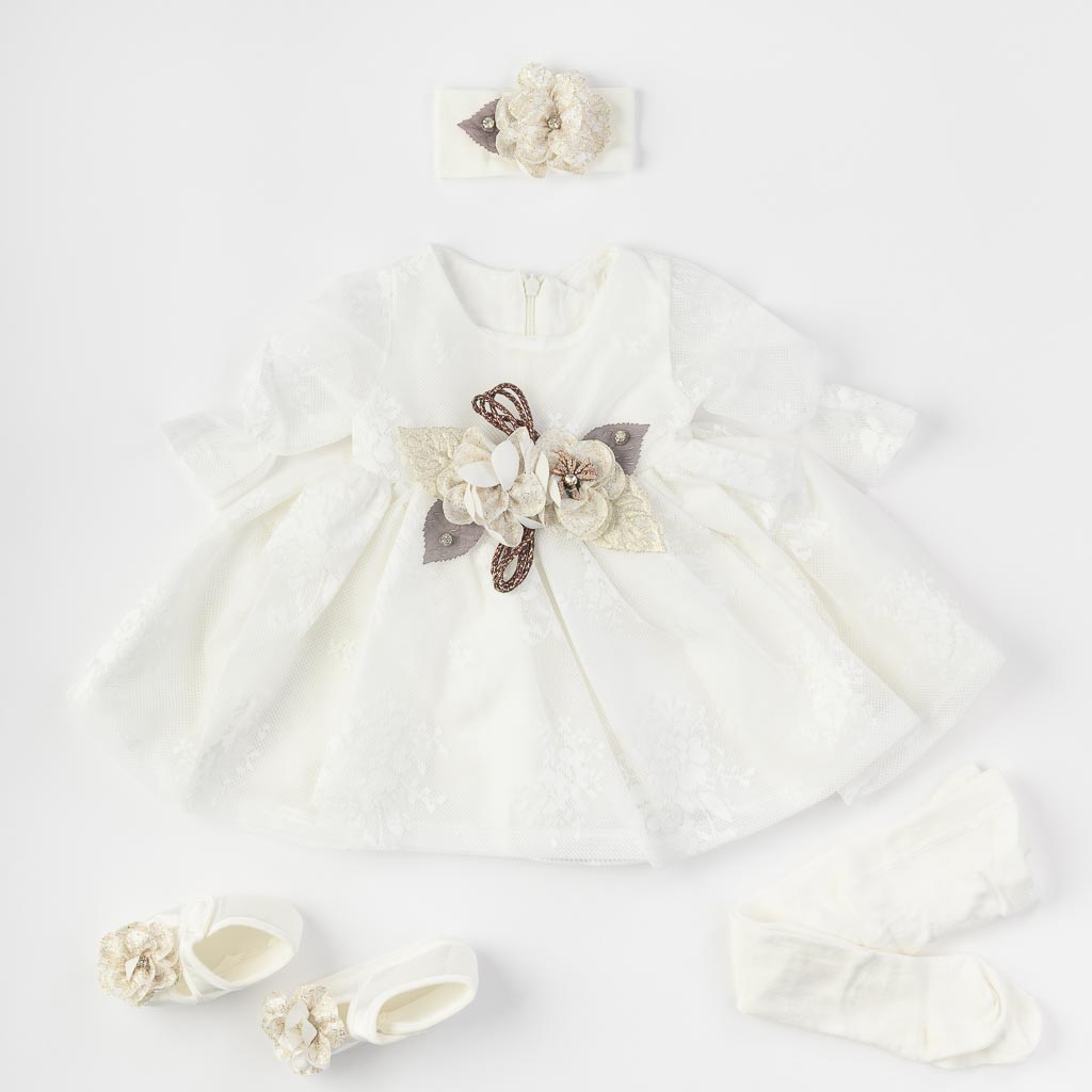 Бебешки комплект официална рокля с дантела с чорапогащник лента за коса и обувчици Amante Flower Бял