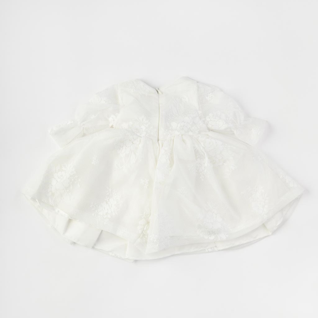 Бебешки комплект официална рокля с дантела с чорапогащник лента за коса и обувчици Amante Flower Бял